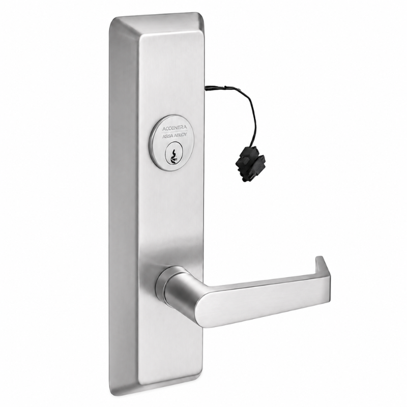 Accentra AU691F fail secure electrified lever trim for panic device, 630/US32D stainless steel, keyed cylinder