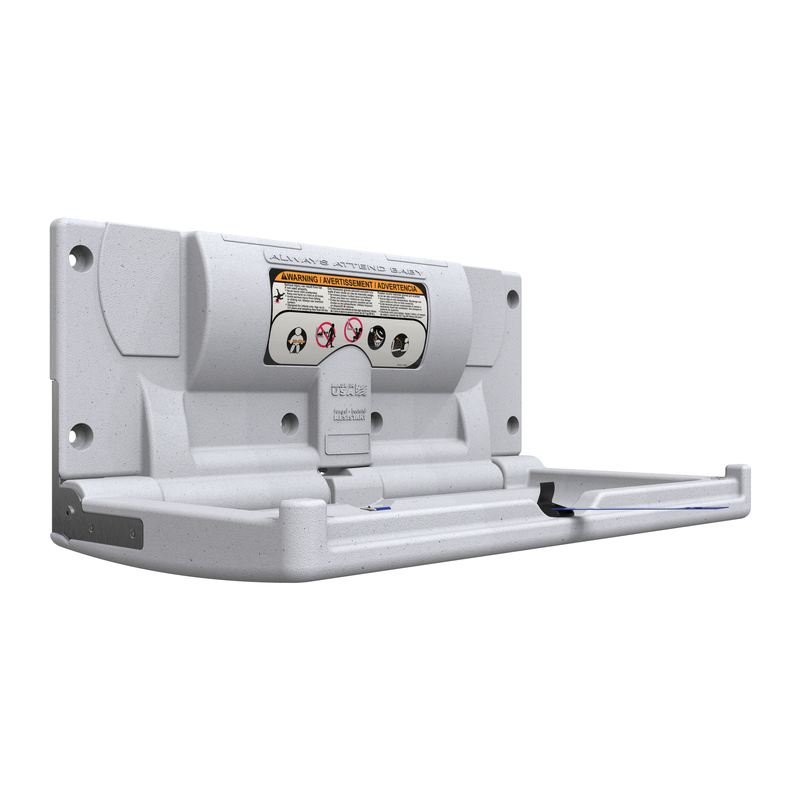 Bradley 963 horizontal baby changing station, gray and white speckled fold-down wall unit