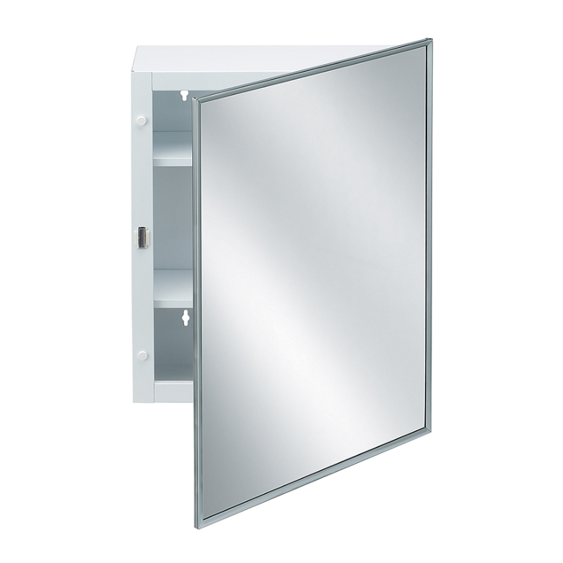 Bradley 9661 recessed medicine cabinet with mirrored door, white interior shelves, and satin aluminum frame
