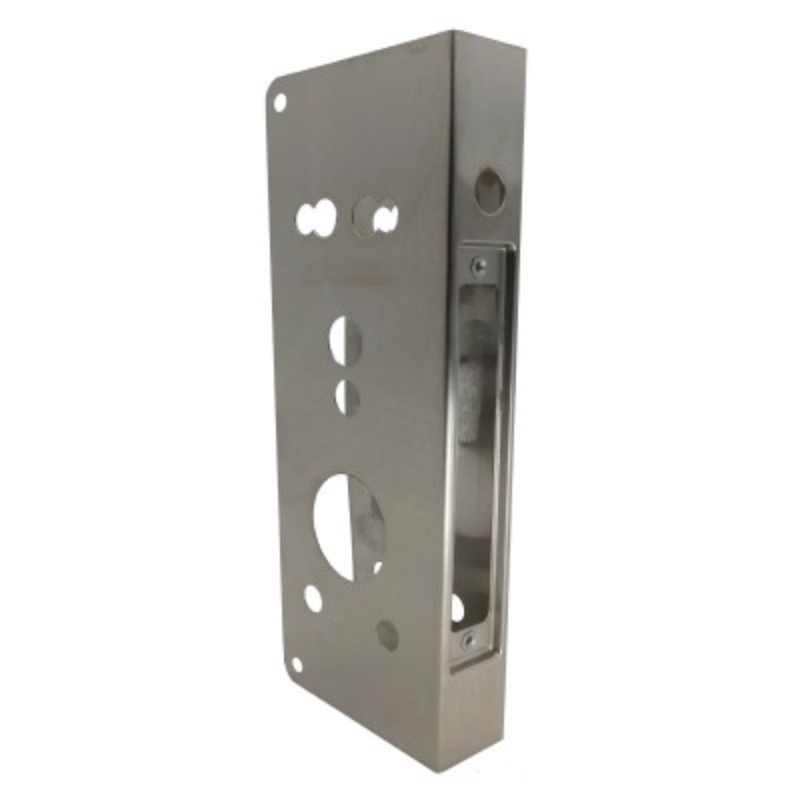 Don Jo 504CO-S-CW wrap around plate for Schlage CO mortise lock, satin stainless steel with cutouts