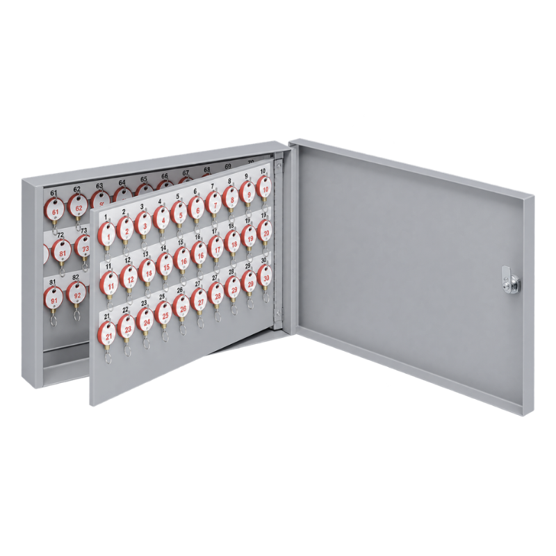 Lund 1201-A gray steel wall key cabinet, 90 key capacity, open with numbered red key tags and lock