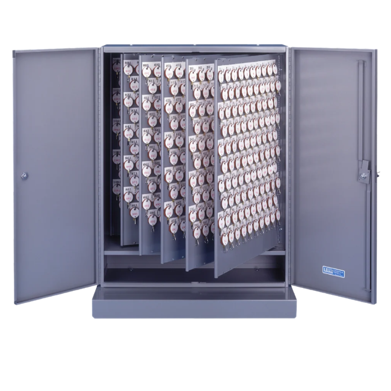 LUND 1807 gray wall-mount deluxe key cabinet, doors open, 1200 key capacity with two-tag system and swing panels
