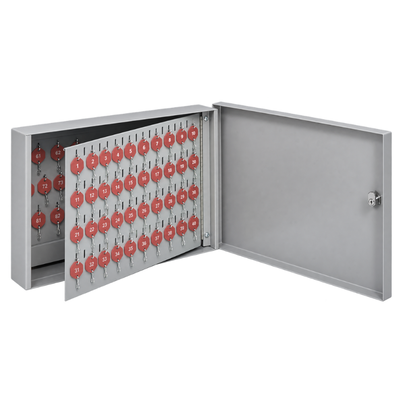 LUND C-30 Deluxe wall key cabinet, light gray enamel, 30-key capacity with red numbered tags, open door