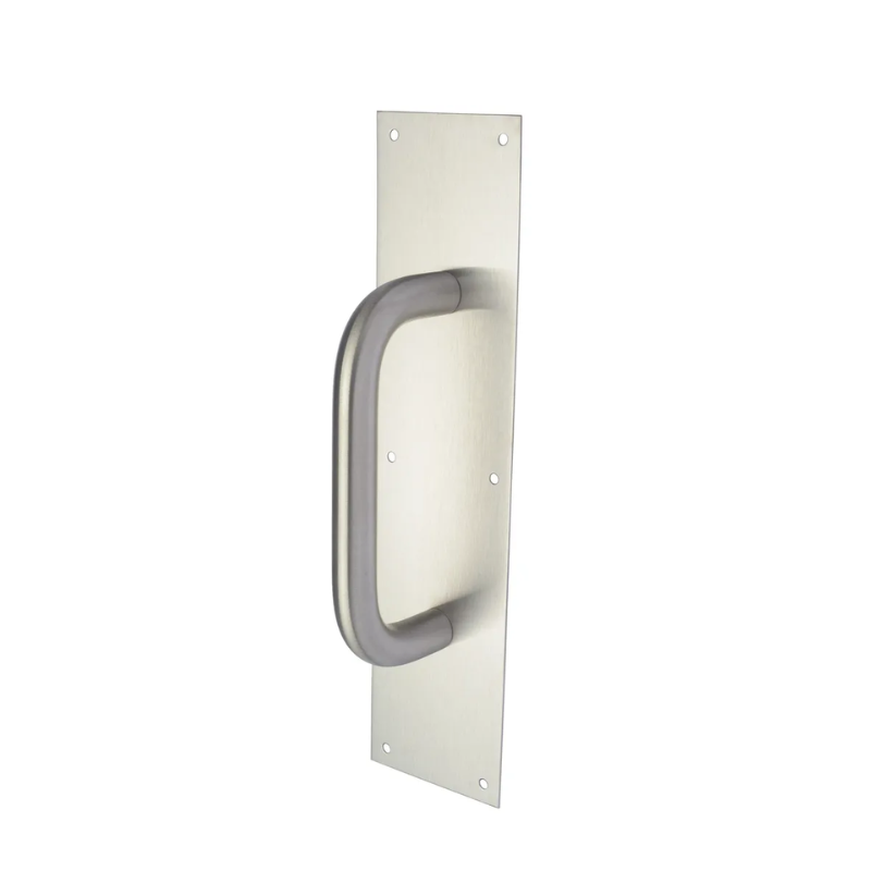 Rockwood BF111x70C-US32D Door Pull 10" Center To Center, 11" Overall, 1" Diameter, On Plate 4" x 16", Barrier Free, Satin Stainless Steel Finish
