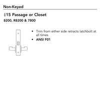 Sargent 8215-LNMD passage/closet mortise lock body, ANSI F01, MD lever, LN rose, field reversible