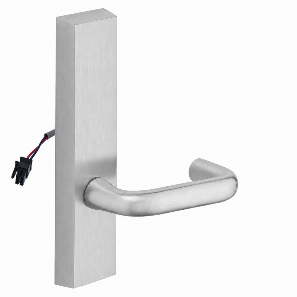 SARGENT 773-8-ETJ-24V US26D electrified exit trim with J lever, satin chrome rectangular escutcheon