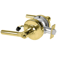 Schlage ND80PD Broadway storeroom lever lock, bright brass 605, keyed cylinder, latch and RX wiring harness