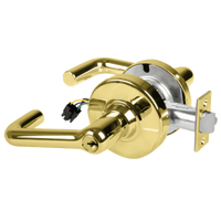 Schlage ND80PD-EL-TLR 605 electrified storeroom cylindrical lock with tubular lever, bright brass finish