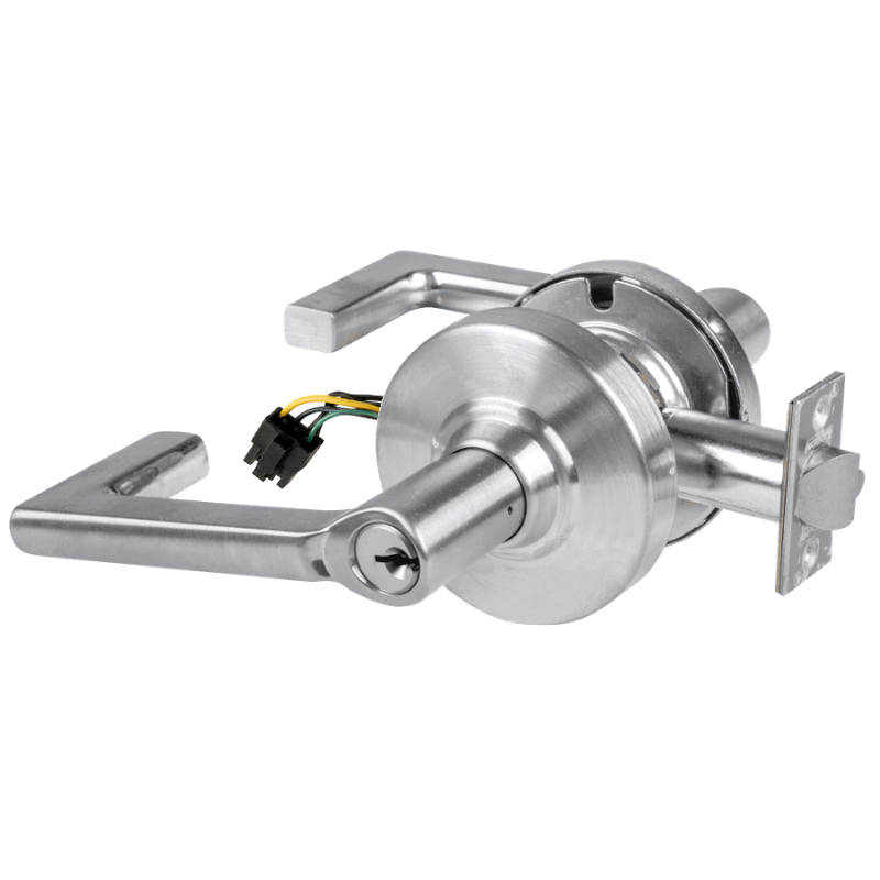 Schlage ND80PD-EU-LON-626 electrified storeroom lock, satin chrome, Longitude lever with keyed cylinder