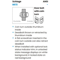 Schlage B672 OS-OCC IS-LOC Deadbolt, Coin Turn Outside/Thumbturn Inside, Outside "VACANT/OCCUPIED", Interior "UNLOCKED/LOCKED", Std Strike