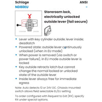 Schlage ND80PD-EU-RHO Electrified Cylindrical Lock, Storeroom Function