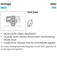 Schlage ND12D-SPA-626 Cylindrical Lever Lock, Exit Function, Satin Chrome