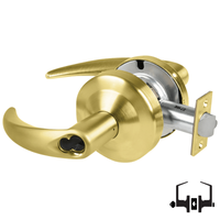Schlage ND50JD OME 606 entrance lockset, satin brass cylindrical lock with Omega lever, FSIC less core