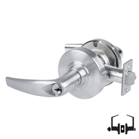 Schlage ND50PD ATH entrance lockset, Athens lever, satin chrome 626, keyed cylinder and latch visible