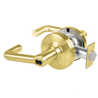 Schlage ND80BD-TLR-606 storeroom cylindrical lever lock, satin brass finish, tubular lever, latch shown