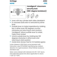 Schlage ND98PD-SPA-626 Cylindrical Lock, Classroom Function, Sch "C", Satin Chrome