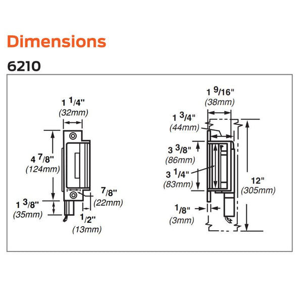 Von Duprin 6210-FS-12VAC-630 Dimensions