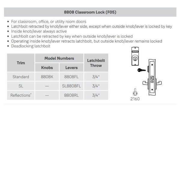 Accentra (Yale) TYR3-8808RL-626-LC Classroom Or Closet Mortise Lock, Satin Chromium Plated Over Nickel