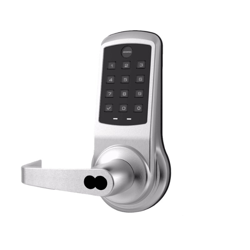 Accentra NexTouch cylindrical keypad lock NTB613-NR-626, satin chrome with pushbutton keypad and lever