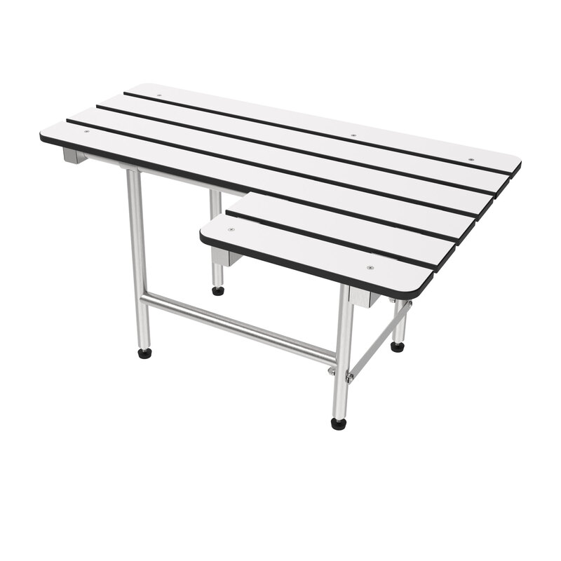 Bradley 957 right-handed L-shaped bariatric shower seat, white slatted top with stainless steel legs