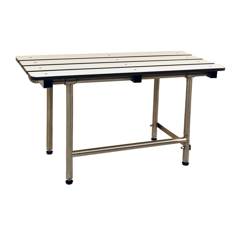 Bradley 958 bariatric shower seat with white slatted top and stainless steel frame