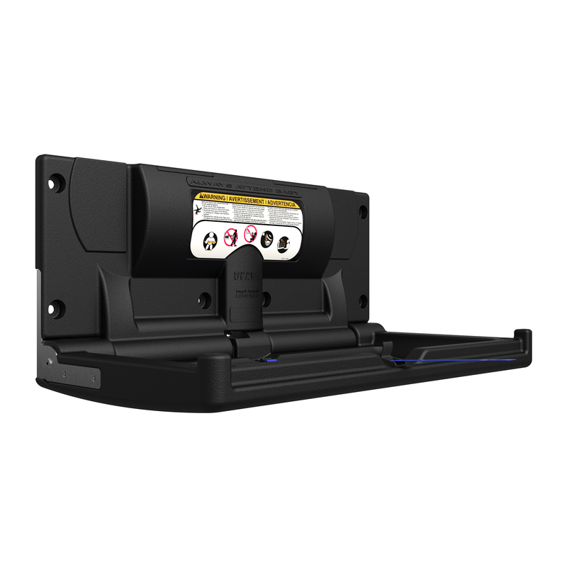 BRADLEY 9633 horizontal baby changing station in black, wall-mounted fold-down design with safety strap