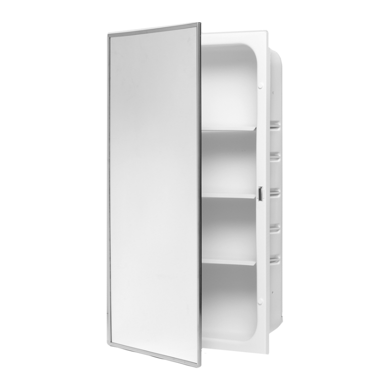 Bradley 9663 recessed medicine cabinet with mirrored door, white powder-coated body, 3 shelves