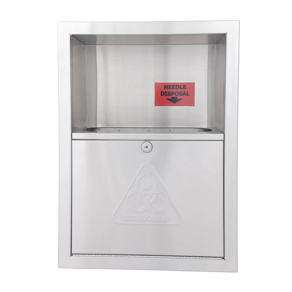 BRADLEY 989 recessed stainless steel needle disposal unit with locking door and biohazard symbol