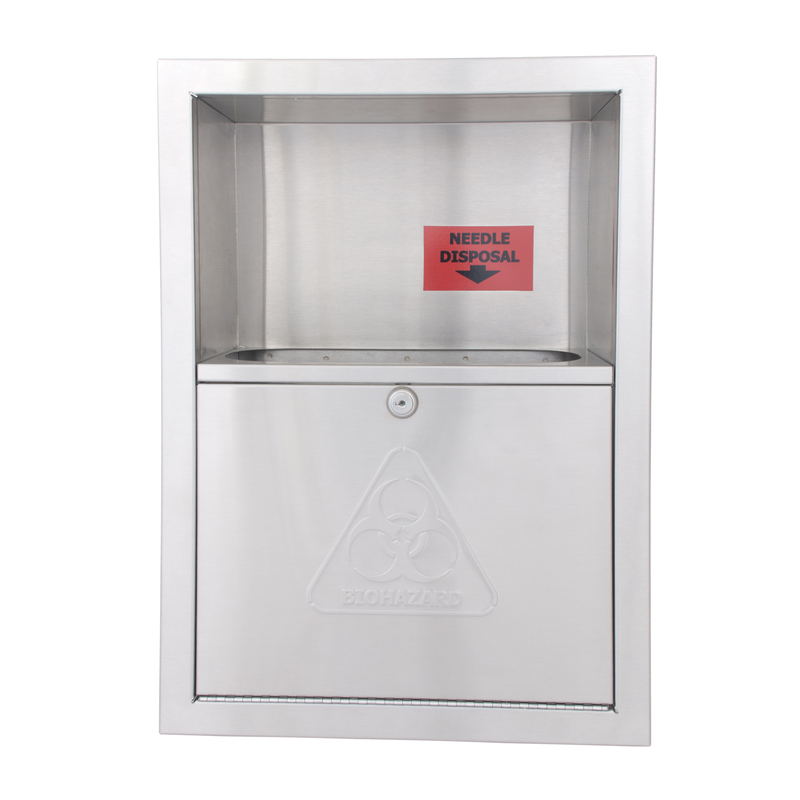 BRADLEY 989 recessed stainless steel needle disposal unit with locking door and biohazard symbol