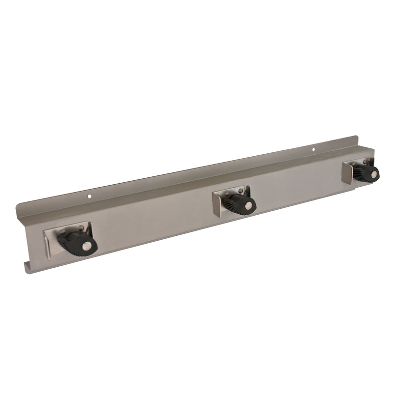Bradley 9953 stainless steel surface-mounted mop and broom holder with 3 black rubber grip clamps
