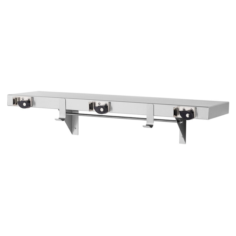 Bradley 9986 stainless steel surface-mounted utility shelf with hooks and holders