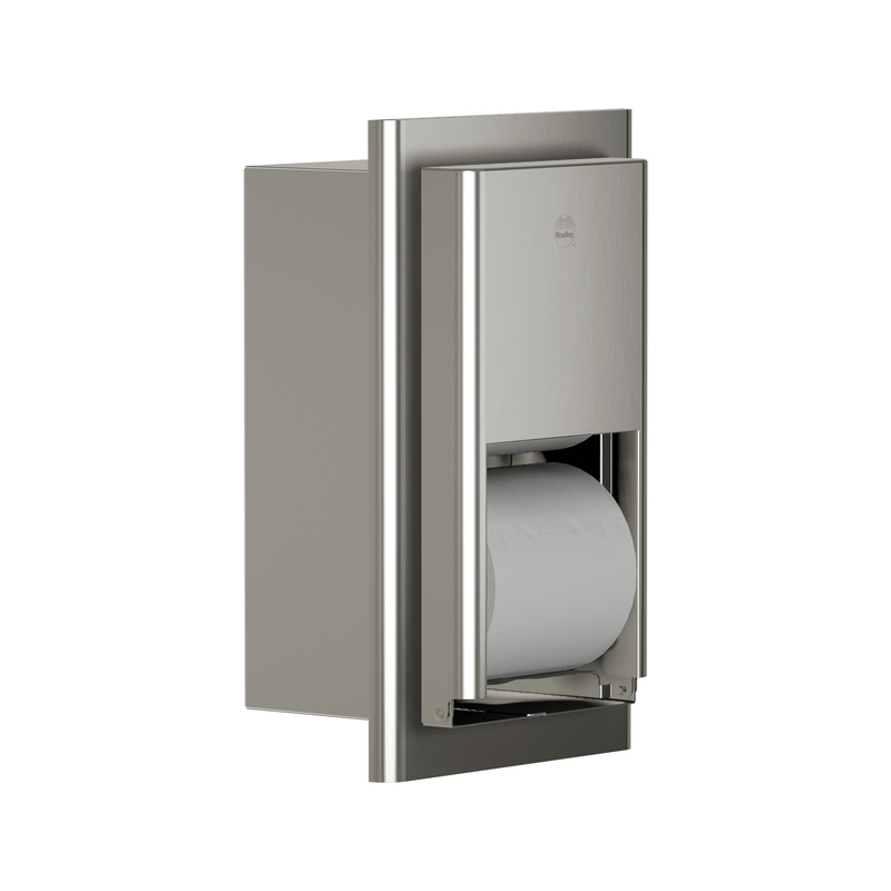 Bradley 5B2-000000-BS recessed toilet tissue dispenser, brushed stainless finish, medium-capacity roll holder