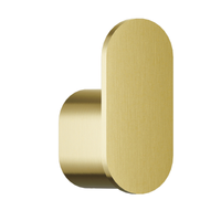 Bradley 9B1-110000 Elvari single robe hook in brushed brass, rounded rectangular face with cylindrical base