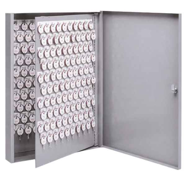 Lund 1204 gray steel wall key cabinet, open, 250 key capacity with numbered tags and lock