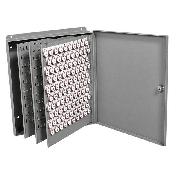 LUND 1205-C gray steel wall key cabinet, 600 key capacity, open door with numbered tags and swing-out panels
