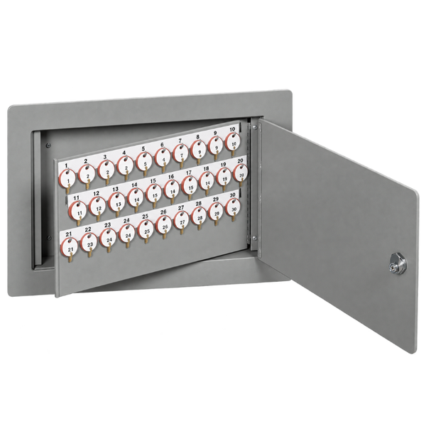 Lund 1305-D flush recess-in wall key cabinet, light gray enamel, 700-key capacity with numbered tags and lock