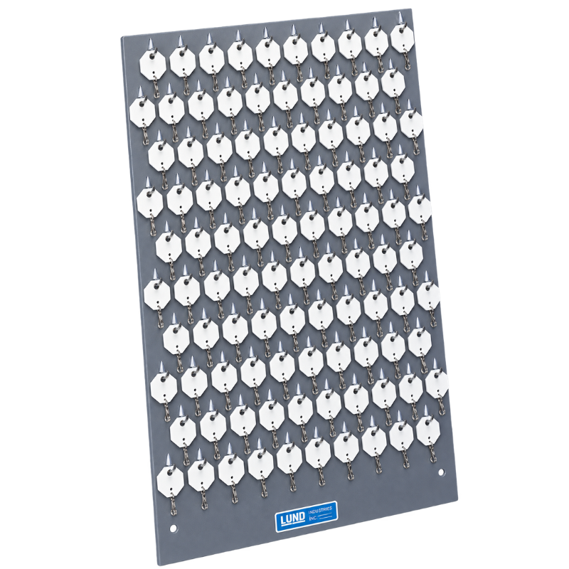 LUND 521 gray wall-mounted key panel with hooks and white key tags, 100 keys capacity