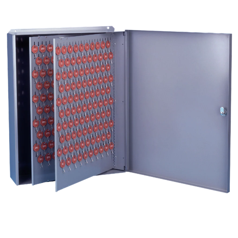 LUND C-700 Deluxe wall key cabinet, 700-key capacity, light gray enamel, open door with numbered red key tags