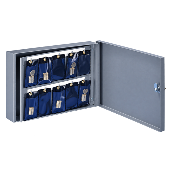 Lund CE-570-30-3 light gray 30-core lock core storage cabinet, open with blue envelope pockets and key lock