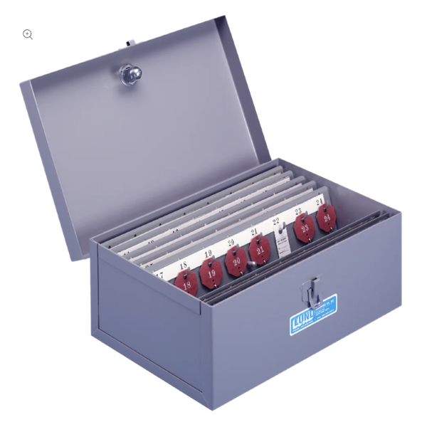 Lund CH562 portable key case, light gray enamel finish, 56-key capacity with numbered two-tag system, lid open