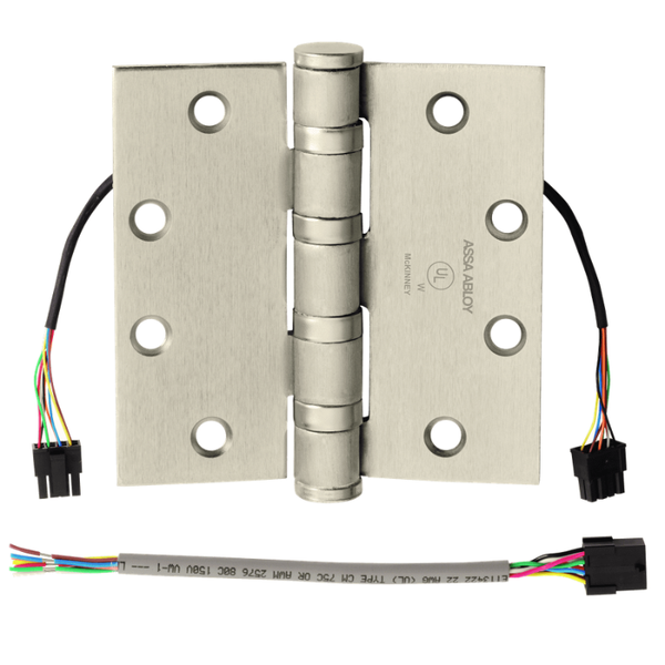McKinney T4A3386-5x4-1/2-US32D-CC8 Electrified Full Mortise Heavy Weight Hinge, 8 Wires, Satin Stainless Steel