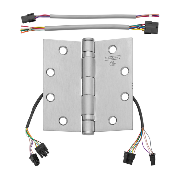 McKinney MPB79-4-1/2x4-1/2-QC12 Electrified Full Mortise MacPro Heavy Weight Ball Bearing Hinge, Five Knuckle, [12] Wires With Quick Connect - US26D-626 Satin Chrome