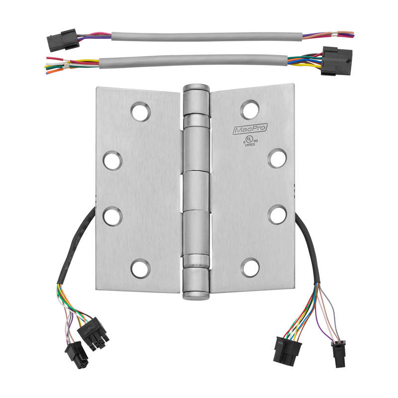 McKinney MPB79-4-1/2x4-1/2-QC12 Electrified Full Mortise MacPro Heavy Weight Ball Bearing Hinge, Five Knuckle, [12] Wires With Quick Connect - US26D-626 Satin Chrome