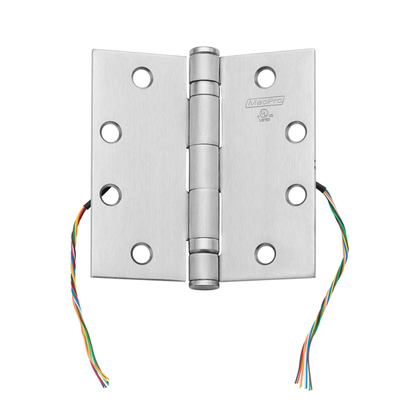 McKinney MPB79-4-1/2x4-US26D-CC8 Electrified Full Mortise MacPro Heavy Weight Ball Bearing Hinge, Five Knuckle, [8] Wires With Concealed Circuit, 626 Satin Chrome Finish