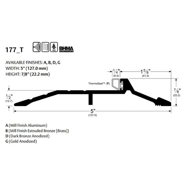 Pemko 177DT Latching Panic Exit Saddle - 5" Width, 7/8" Height, ThermoSeal Insert Dark Bronze Anodized Aluminum Fire Rated