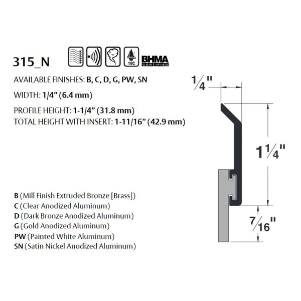 Pemko 315BSPN-48 Neoprene Door Sweep, 48 In Lenght, Black Suede Powder Coat