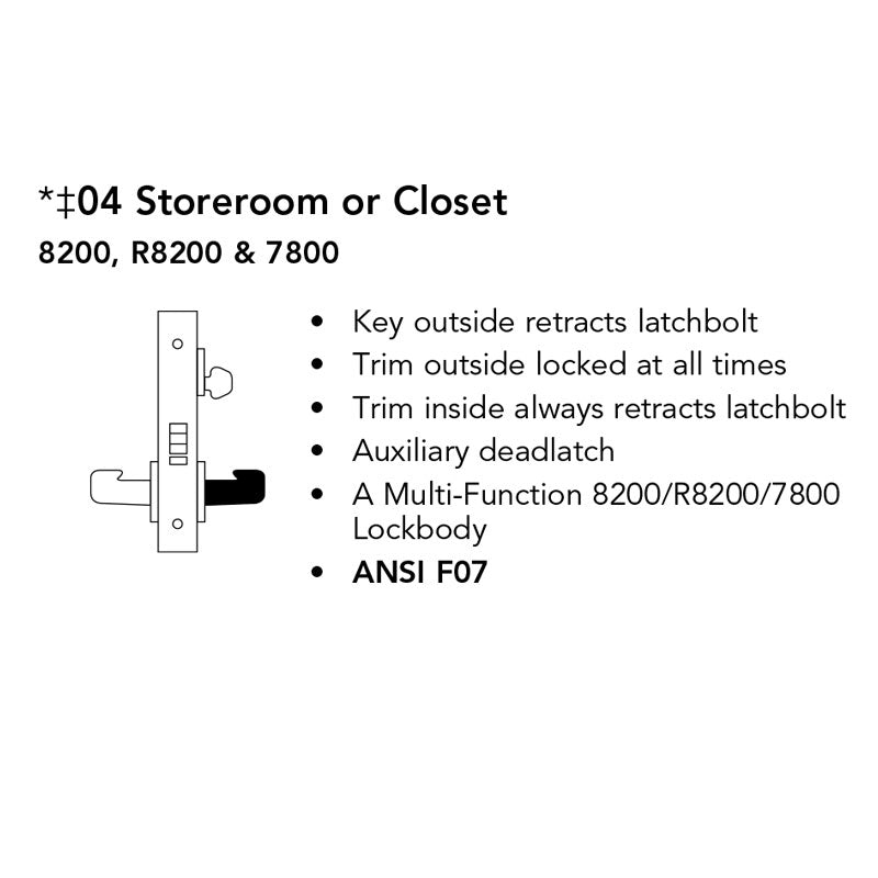 Sargent 8204 LNL 26D Mortise Lock | Storeroom Function