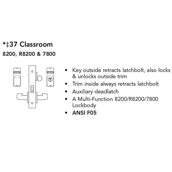 Sargent RX-LC-8237-24V-LNMD Classroom 24V Electrified Mortise Lock, LN Rose, MD Lever, RX Switch, Less Cylinder