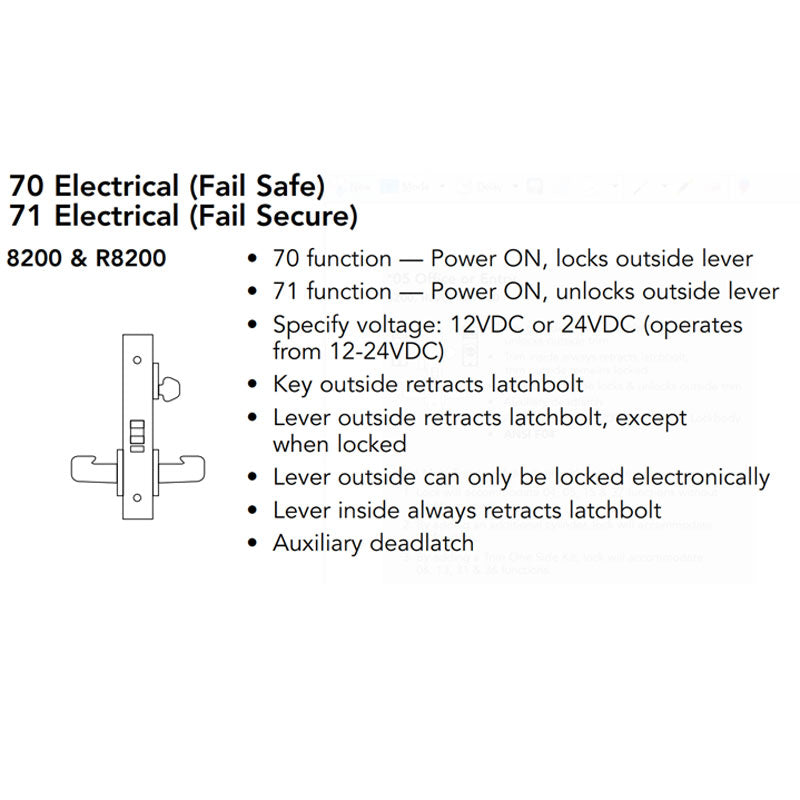 Sargent 60-8271-24V-LNMD-26D Electric Mortise Lock, Fail Secure, 24V, LFIC Less Core, LN Rose, MD Lever, Field Reversible, Satin Chrome