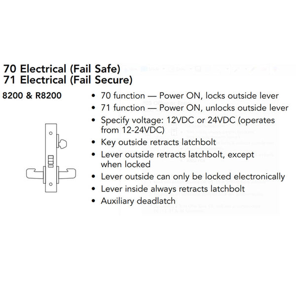 Sargent 60-8270-24V-LNP-26D Electric Mortise Lock, Fail Safe, 24V, LFIC Less Core, LN Rose, P Lever, Field Reversible, Satin Chrome